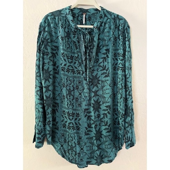 Free People Long Sleeve Top Teal Black Print Boho Casual Blouse Women's Small - Picture 1 of 4